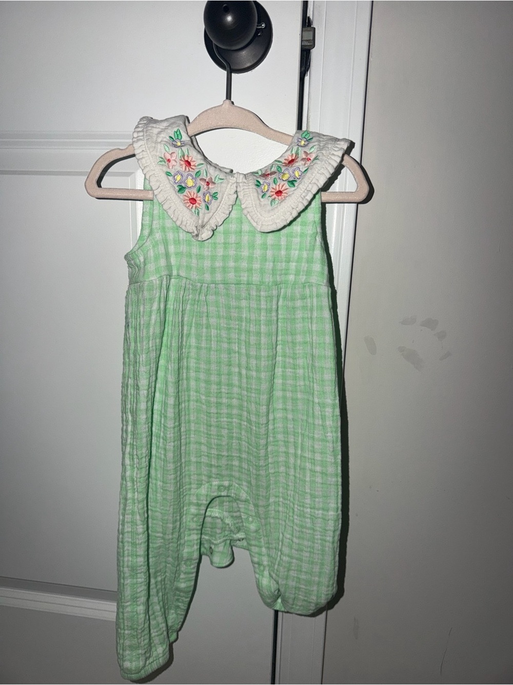 Cat & Jack Green Gingham Sleeveless Embroidered Collar Romper Vintage inspired